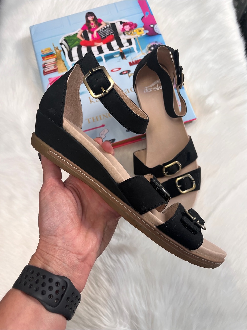 Dansko Black Suede Triple-Buckle Ankle Strap Sandals